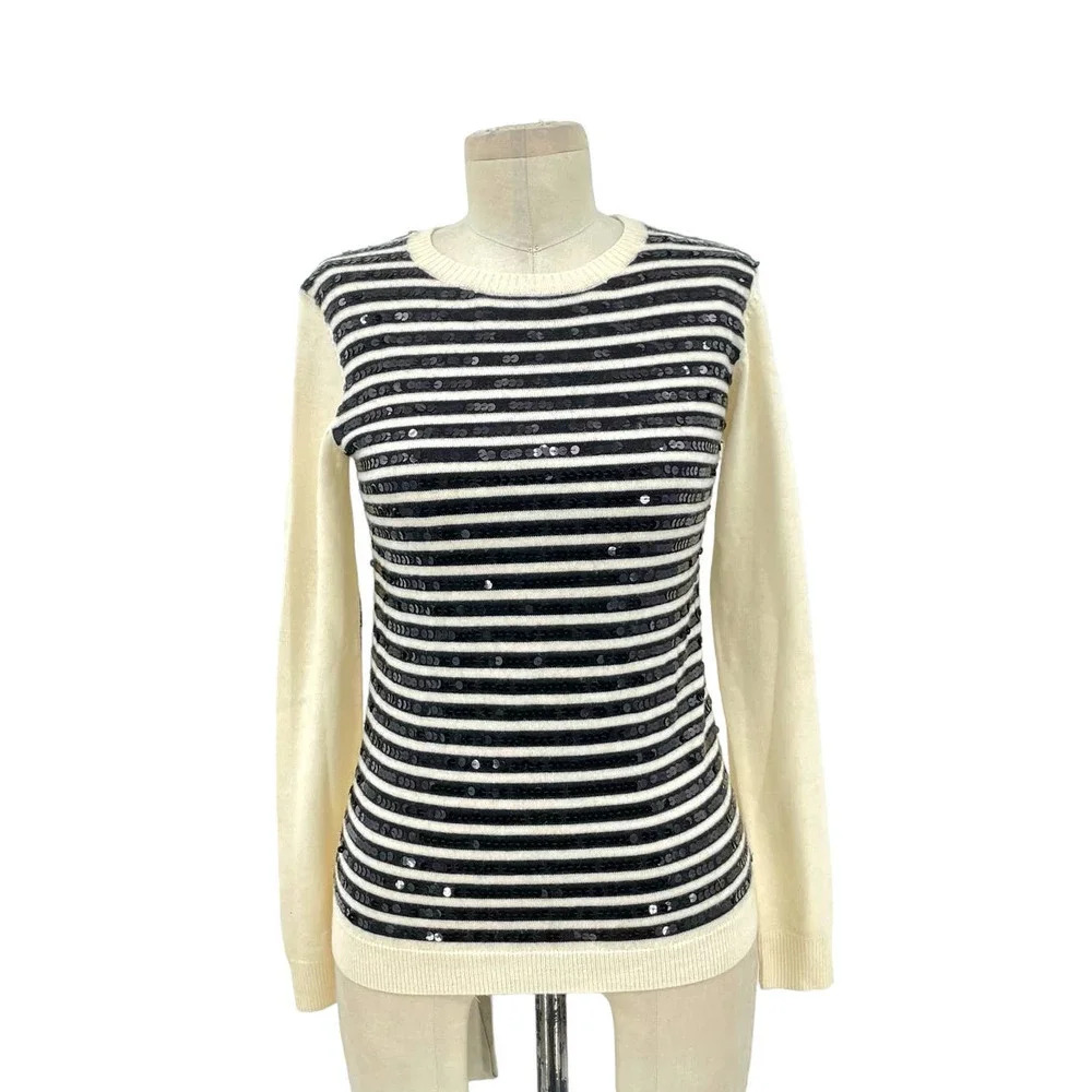 Gryphon New York Sequin Stripe Crewneck Sweater Ivory & Black Size Xs